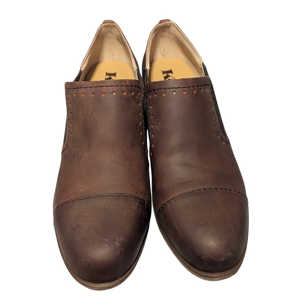 Korks Booties Women 10M Brown Leather Slip On Perforated Block‎ Heel Ankle Shoes